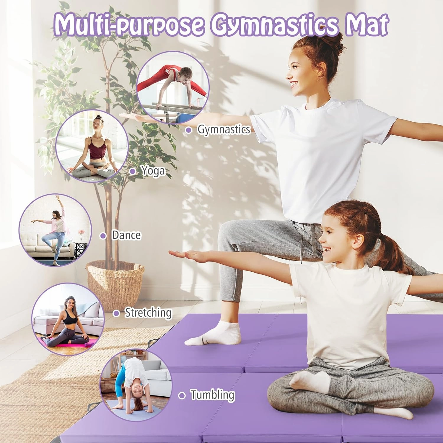 GYMAX Gymnastics Mat, 4 FT x 8 FT x 2 Inches Folding Exercise Mat w/Carry Handles & Sturdy Stitching Waterproof Cover, Tumbling Mat for Yoga Stretching Martial Arts Home Gym