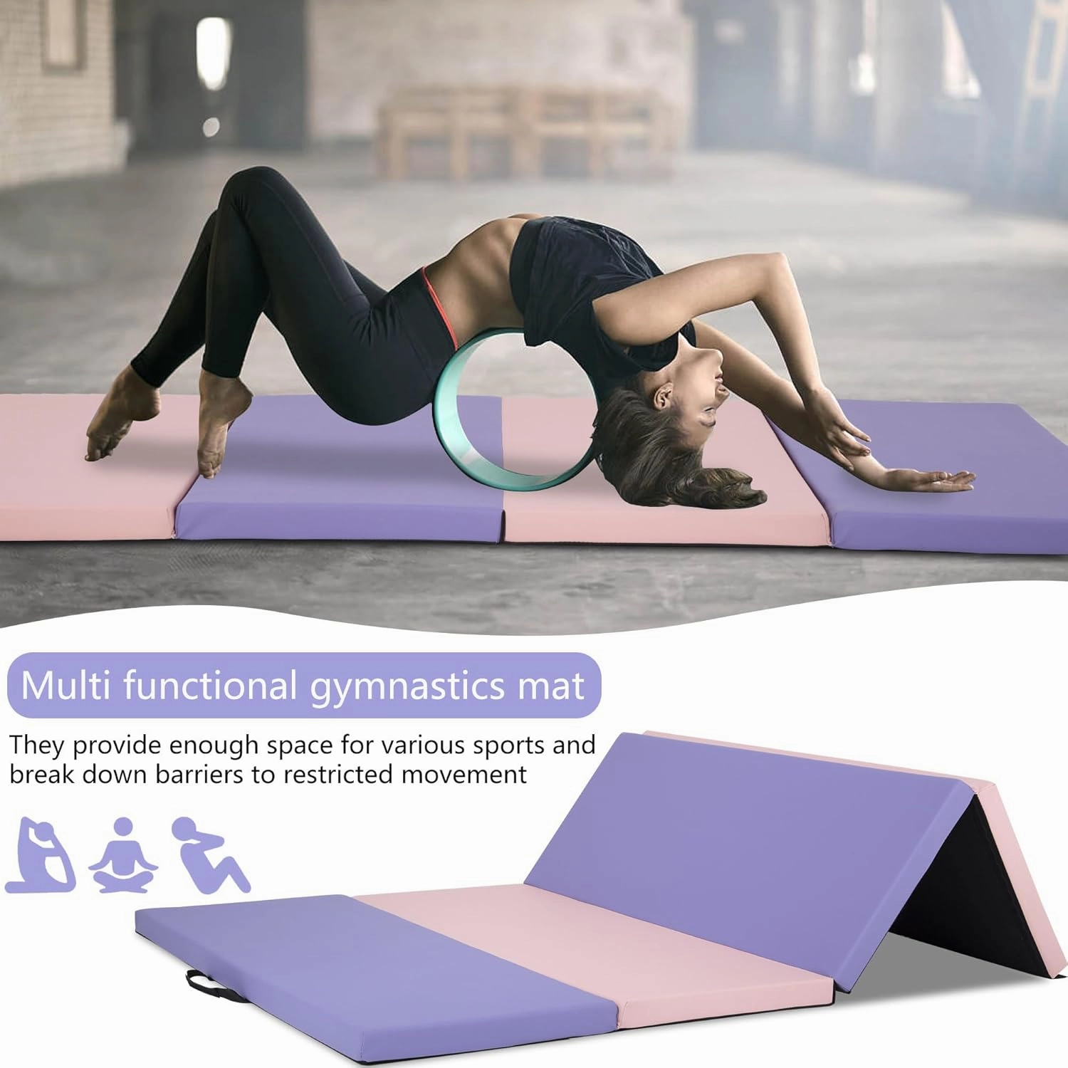 Gymnastics Tumbling Mats Portable Gymnastics Mat Foldable Tumbling Mat Thick PU Leather Exercise Mat Yoga Mat with Carrying Handles for home Workout outdoor Yoga Gymnastics