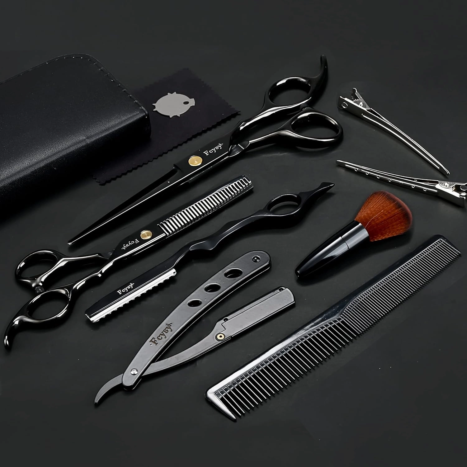 Hair Cutting Scissors Thinning Shears Kit for Haircutting, Fcysy Professional Barber Scissors Set, Black Haircut Scissor Blending Shears Straight Edge Razor Barber Supplies for Men Women