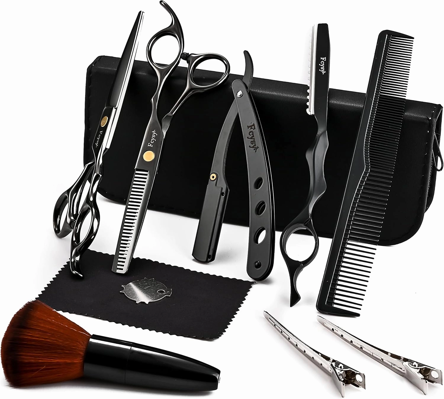 Hair Cutting Scissors Thinning Shears Kit for Haircutting, Fcysy Professional Barber Scissors Set, Black Haircut Scissor Blending Shears Straight Edge Razor Barber Supplies for Men Women