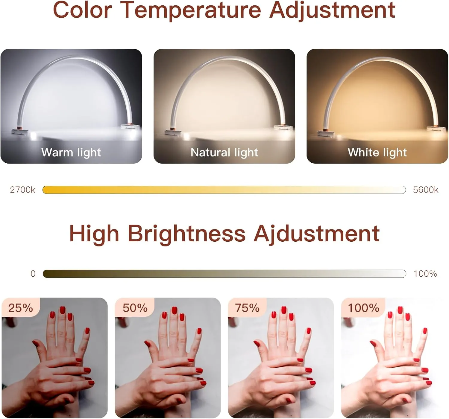 Half Moon Light for Nail Desk 24in Nail Lamp for Desk LED Table Light Multiple Color Modes and Brightness for Beauty Eyelash Makeup Tattoo Crafts Reading Spa Salon Nail Tech