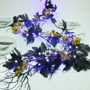 Halloween Dead Branch Garland Lights 6FT Garland with Lights Battery Operated with Timer Pumpkins Eyeballs Berries Black Maple Leaves Flowers for Fall Halloween Decorations Indoor Front Door