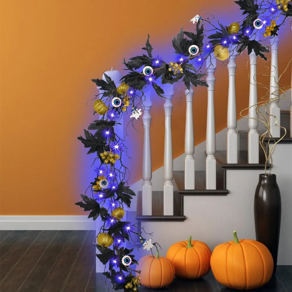 Halloween Dead Branch Garland Lights 6FT Garland with Lights Battery Operated with Timer Pumpkins Eyeballs Berries Black Maple Leaves Flowers for Fall Halloween Decorations Indoor Front Door