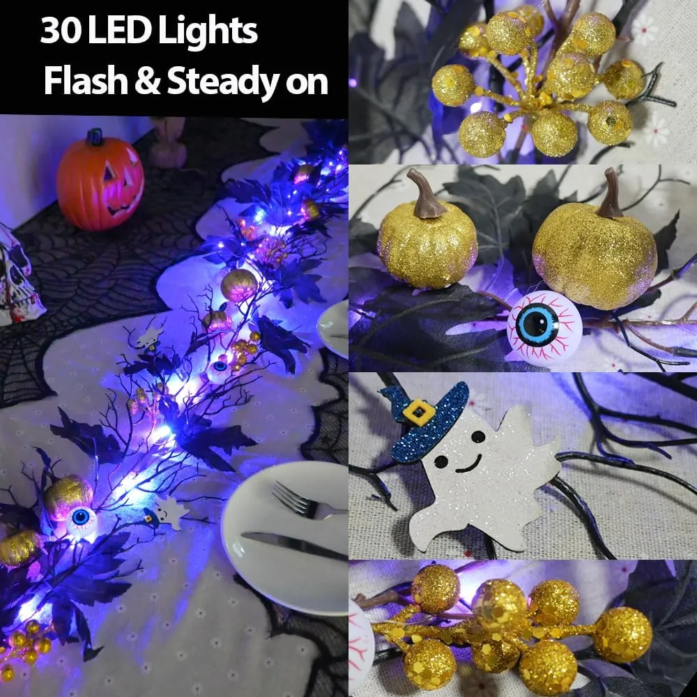 Halloween Dead Branch Garland Lights 6FT Garland with Lights Battery Operated with Timer Pumpkins Eyeballs Berries Black Maple Leaves Flowers for Fall Halloween Decorations Indoor Front Door
