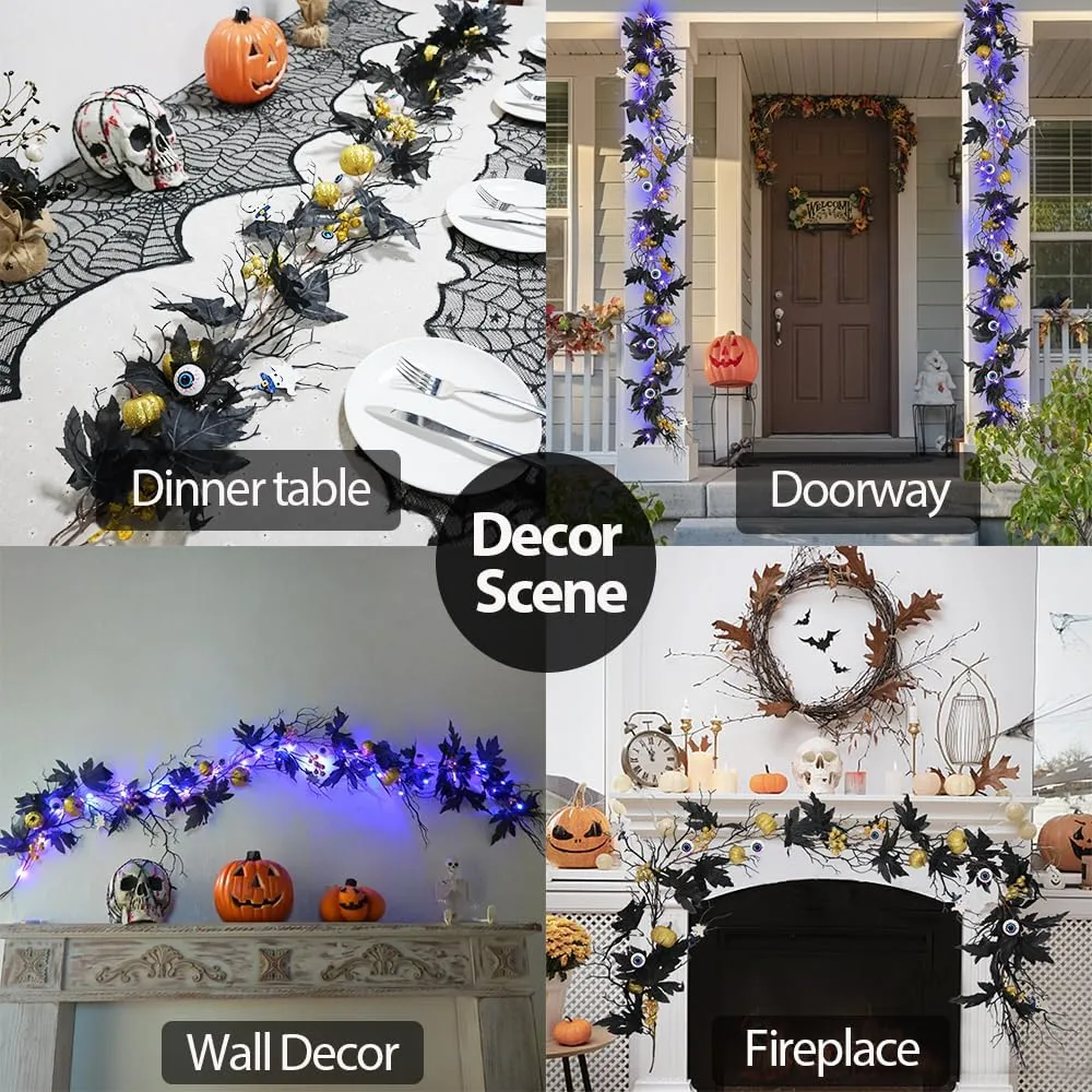 Halloween Dead Branch Garland Lights 6FT Garland with Lights Battery Operated with Timer Pumpkins Eyeballs Berries Black Maple Leaves Flowers for Fall Halloween Decorations Indoor Front Door