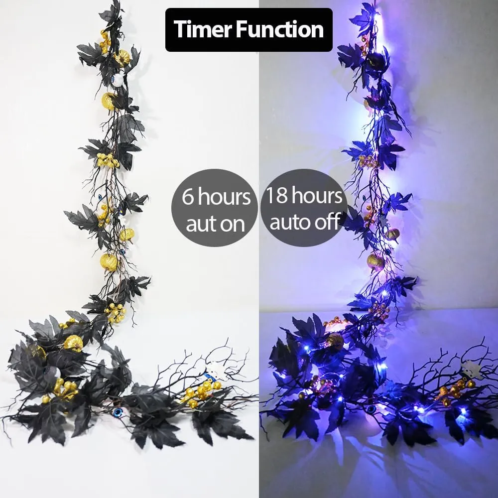 Halloween Dead Branch Garland Lights 6FT Garland with Lights Battery Operated with Timer Pumpkins Eyeballs Berries Black Maple Leaves Flowers for Fall Halloween Decorations Indoor Front Door