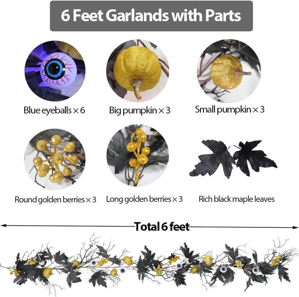 Halloween Dead Branch Garland Lights 6FT Garland with Lights Battery Operated with Timer Pumpkins Eyeballs Berries Black Maple Leaves Flowers for Fall Halloween Decorations Indoor Front Door