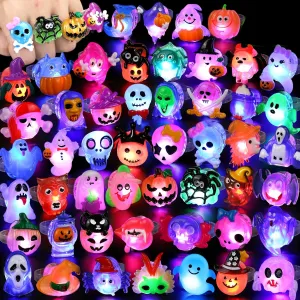 Halloween Treats 50Pcs 3D Halloween Ring LED Light Up Rings Halloween Toys Halloween Party Favors for Kid Glow In The Dark Accessory Non Candy Gift Bag Fillers NEW VERSION