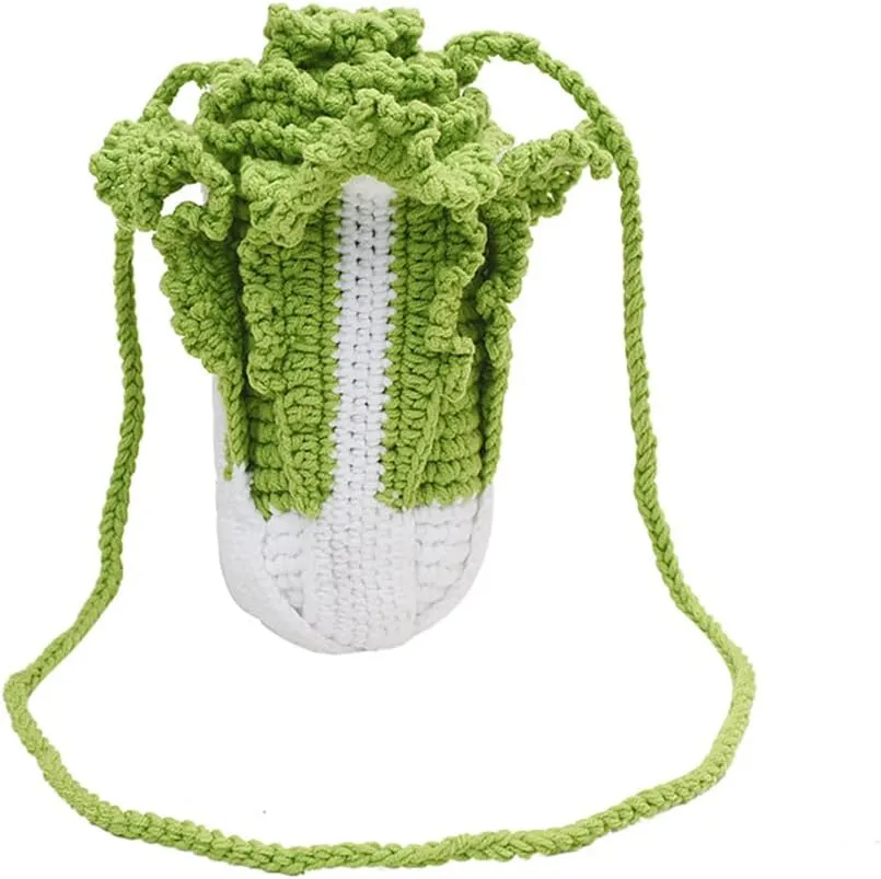 Handmade Knitted Purse Cabbage Shape Shoulder Bag for Women Wool Knitted Crossbody Bag with Drawstring