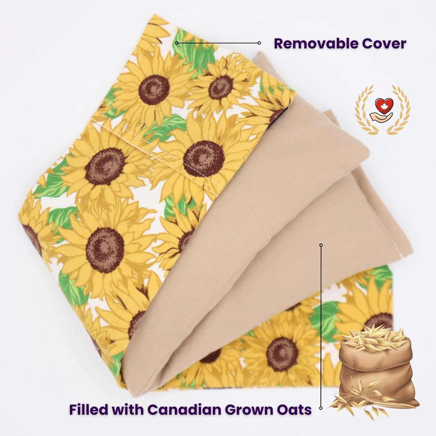 Handmade in Canada: 20"x5" Double-Layered Cotton Microwave Heating Pad for Pain Relief Reusable Oats Bean Bag Weighted Moist Heat for Neck, Shoulder, Cramps, Back Warm Compress. Sunflowers Pattern