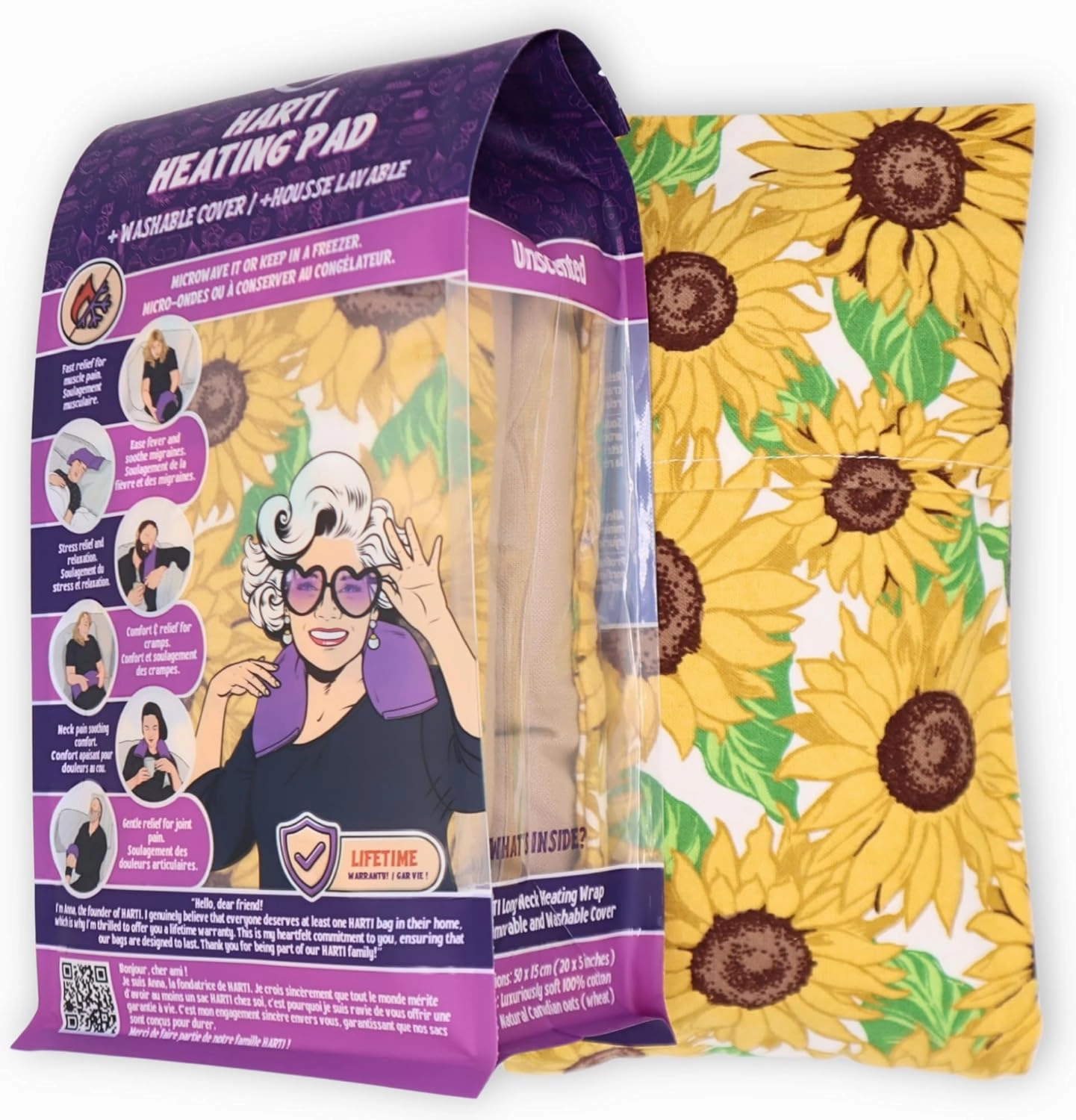 Handmade in Canada: 20"x5" Double-Layered Cotton Microwave Heating Pad for Pain Relief Reusable Oats Bean Bag Weighted Moist Heat for Neck, Shoulder, Cramps, Back Warm Compress. Sunflowers Pattern
