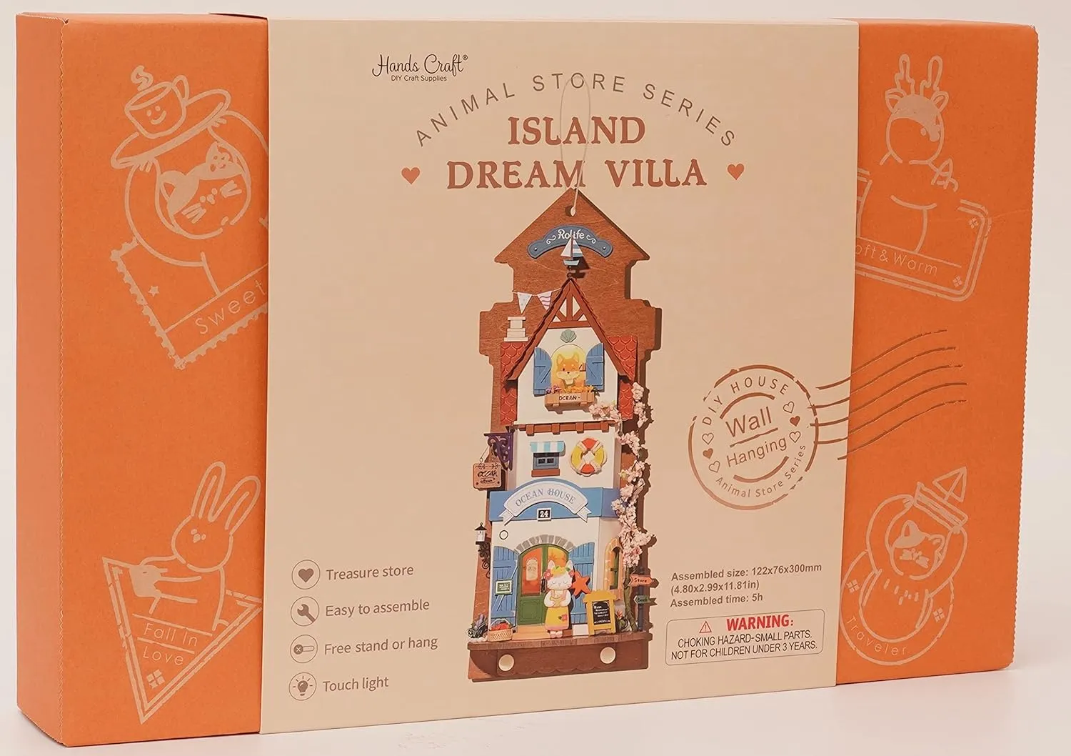 Hands Craft DIY Miniature Wall Hanging Kit - Island Dream Villa 3D Model Wooden House Building Display Decor Room with Key Hanger and LED Lights Dollhouse Puzzle for Teens and Adults DS022