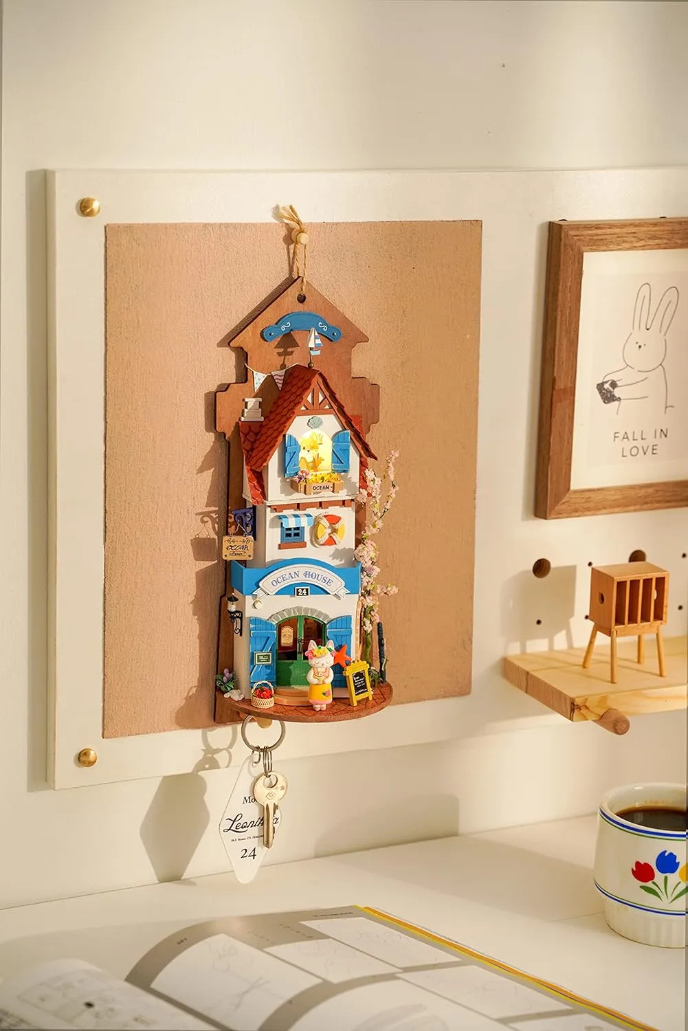 Hands Craft DIY Miniature Wall Hanging Kit - Island Dream Villa 3D Model Wooden House Building Display Decor Room with Key Hanger and LED Lights Dollhouse Puzzle for Teens and Adults DS022