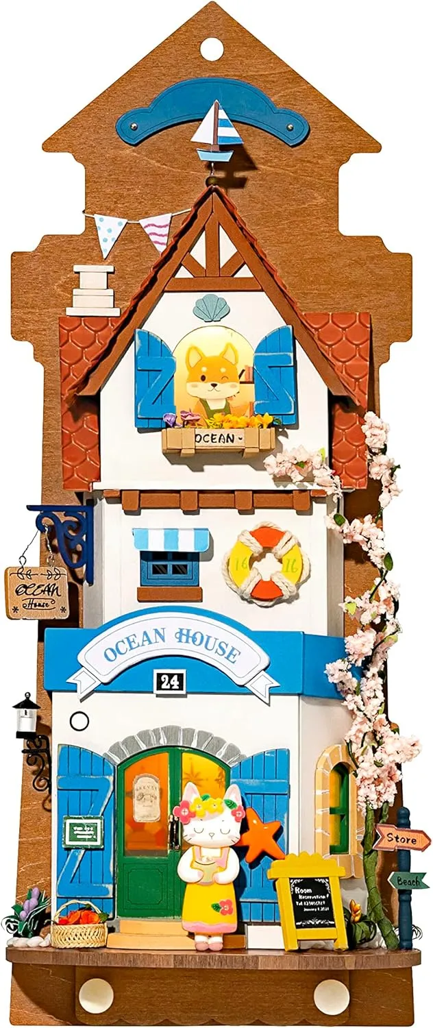 Hands Craft DIY Miniature Wall Hanging Kit - Island Dream Villa 3D Model Wooden House Building Display Decor Room with Key Hanger and LED Lights Dollhouse Puzzle for Teens and Adults DS022