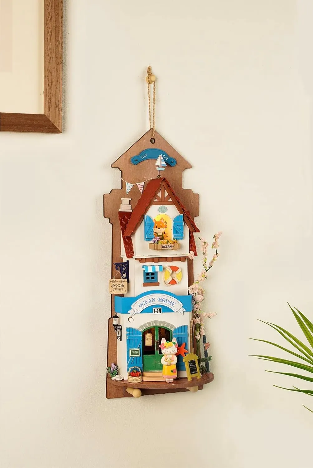 Hands Craft DIY Miniature Wall Hanging Kit - Island Dream Villa 3D Model Wooden House Building Display Decor Room with Key Hanger and LED Lights Dollhouse Puzzle for Teens and Adults DS022