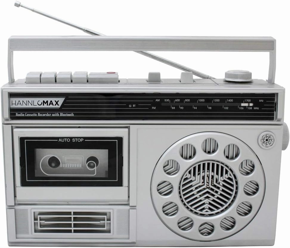 HANNLOMAX HX-601K Portable AM/FM Radio Cassette Recorder with Bluetooth, Records from Built-in Mic or Radio, Headphone Jack, AC/DC Operation. (Silver)