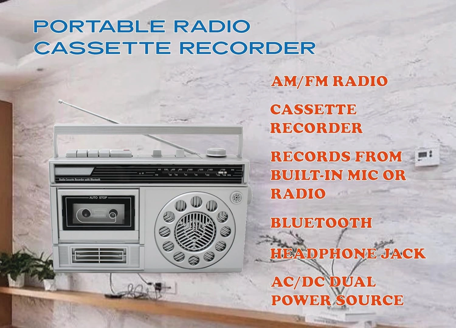 HANNLOMAX HX-601K Portable AM/FM Radio Cassette Recorder with Bluetooth, Records from Built-in Mic or Radio, Headphone Jack, AC/DC Operation. (Silver)