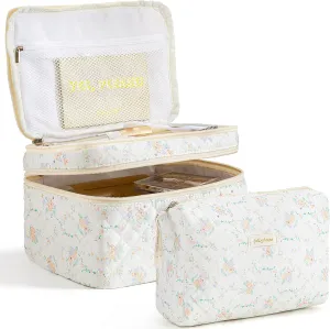 HBselect 2Pcs Travel Makeup Bag, Large Cotton Quilted Makeup Bag Cosmetic Bag Cute Make up Bag Toiletry Bags for Women Girls