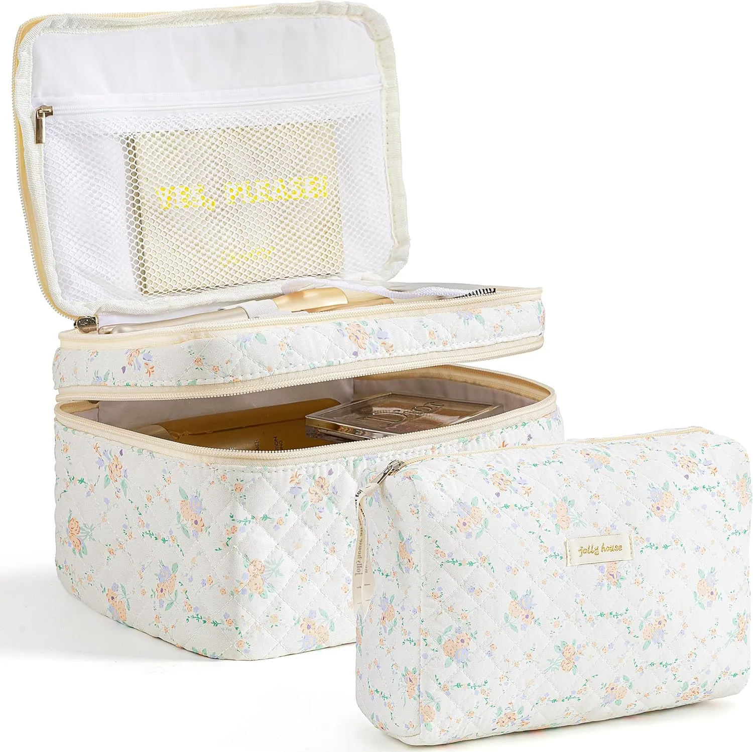 HBselect 2Pcs Travel Makeup Bag, Large Cotton Quilted Makeup Bag Cosmetic Bag Cute Make up Bag Toiletry Bags for Women Girls