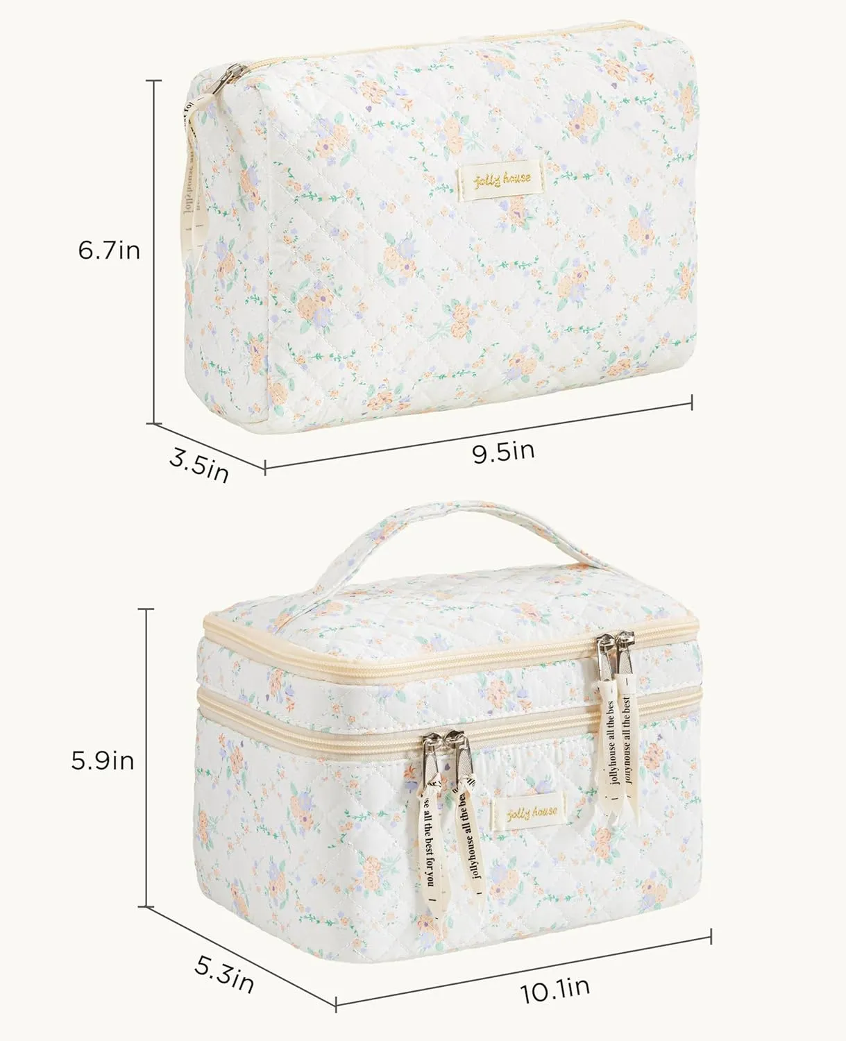 HBselect 2Pcs Travel Makeup Bag, Large Cotton Quilted Makeup Bag Cosmetic Bag Cute Make up Bag Toiletry Bags for Women Girls