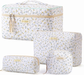 HBselect 4pcs Cotton Quilted Coquette Kawaii Floral Makeup Bag Aesthetic Cute Toiletry Bag Large Travel Cosmetic Coin Purse for Women Girls