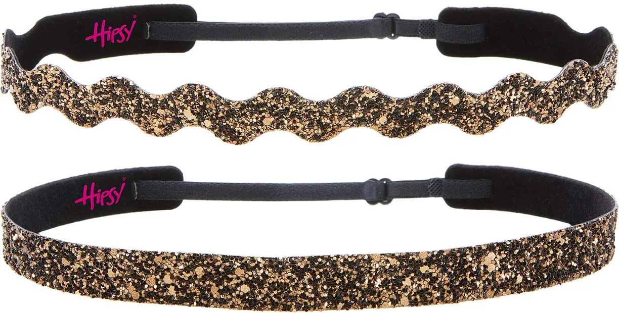 Hipsy REGULAR Size, Adjustable No Slip Sparkly Bling Mixed 2pk Headbands for Women Girls & Teens (Bling Glitter Mixed Brown)