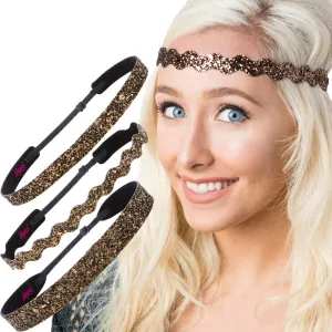 Hipsy REGULAR Size, Adjustable No Slip Sparkly Bling Mixed 3pk Headbands for Women Girls & Teens (Bling Glitter Mixed Brown)