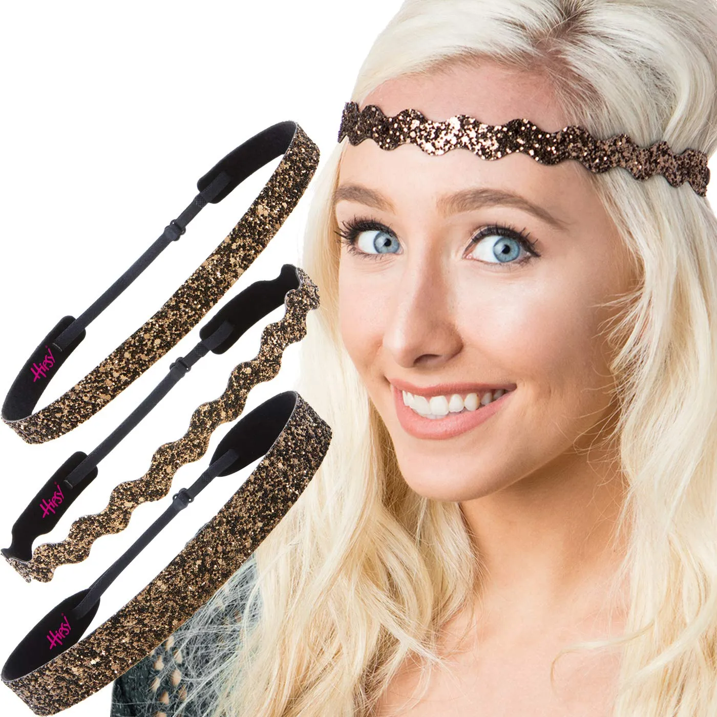 Hipsy REGULAR Size, Adjustable No Slip Sparkly Bling Mixed 3pk Headbands for Women Girls & Teens (Bling Glitter Mixed Brown)
