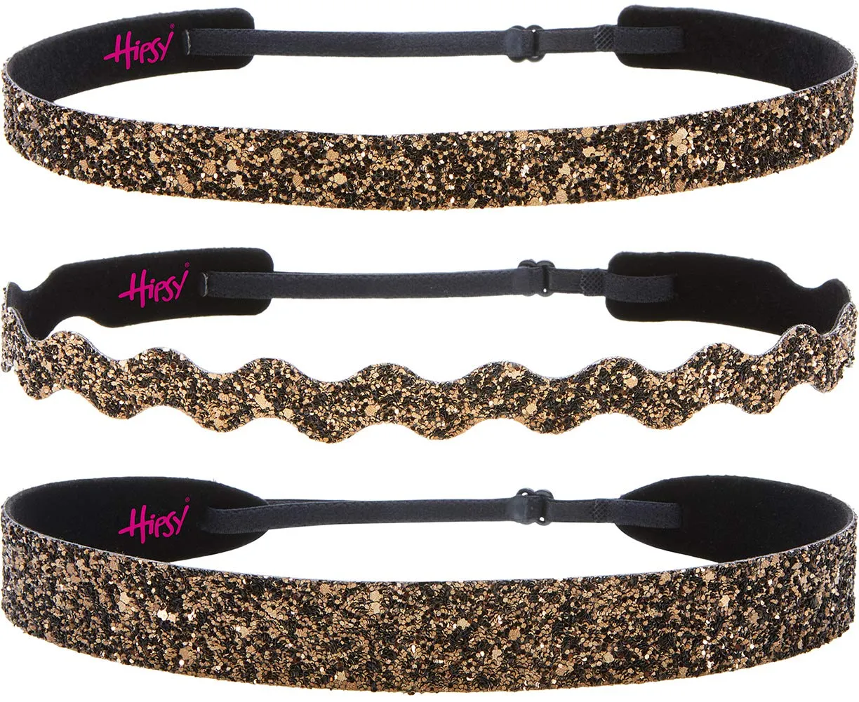 Hipsy REGULAR Size, Adjustable No Slip Sparkly Bling Mixed 3pk Headbands for Women Girls & Teens (Bling Glitter Mixed Brown)
