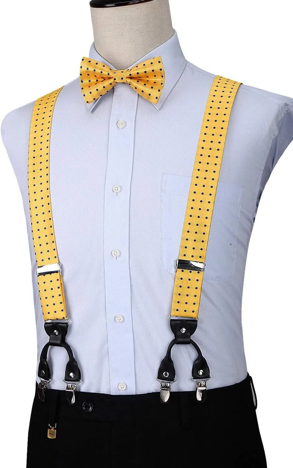 HISDERN Bow Tie and Suspenders for Men Suspender and Bowtie Handkerchief Set Adjustable Y Shape 6 Clips Wedding Brace