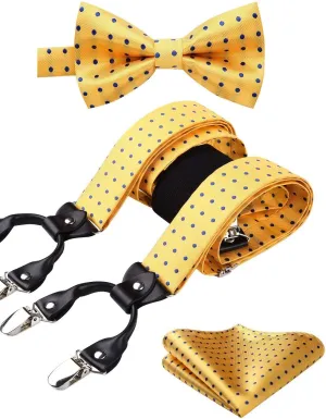 HISDERN Bow Tie and Suspenders for Men Suspender and Bowtie Handkerchief Set Adjustable Y Shape 6 Clips Wedding Brace
