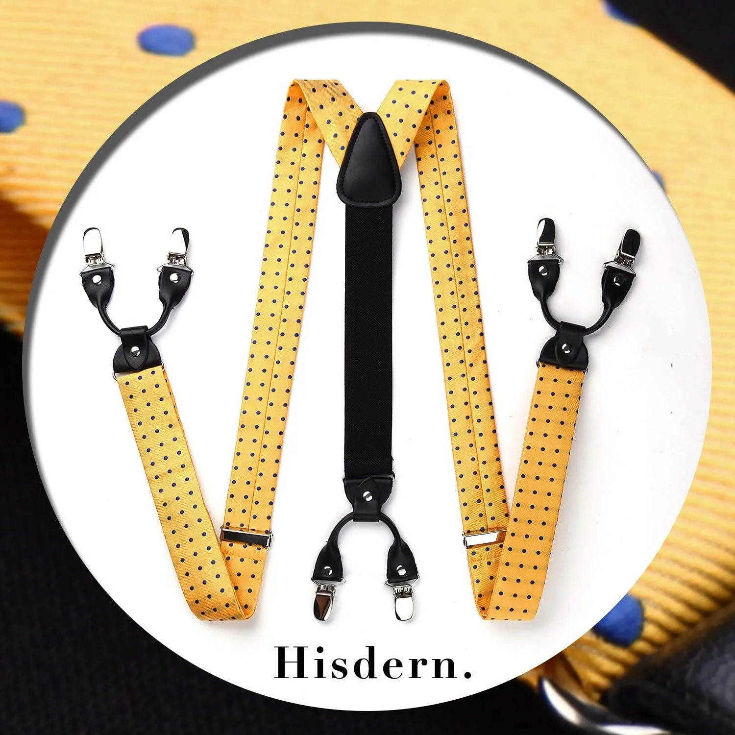 HISDERN Bow Tie and Suspenders for Men Suspender and Bowtie Handkerchief Set Adjustable Y Shape 6 Clips Wedding Brace
