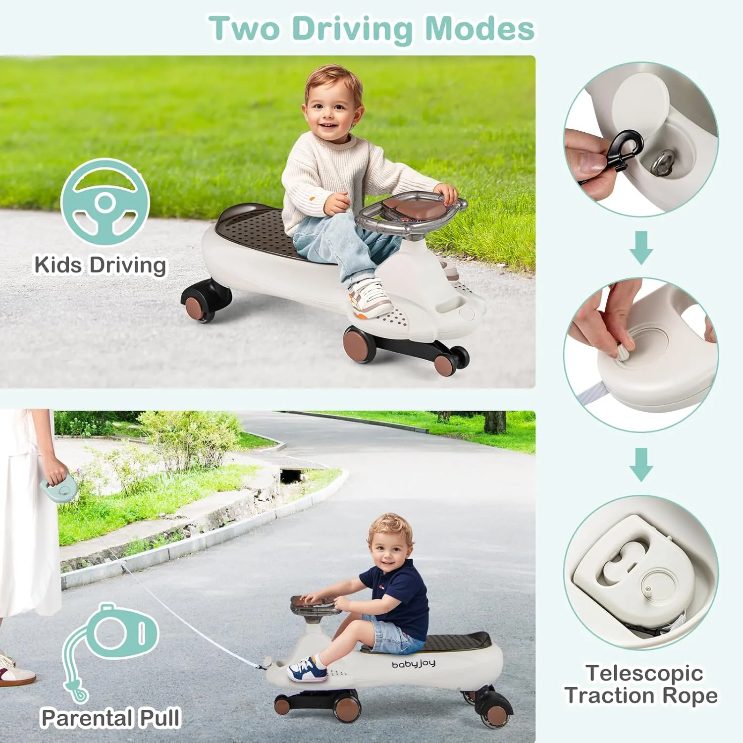 HONEY JOY Wiggle Car, Swing Car with Under-Seat Storage & Hauling Rope, LED PU Wheels, No Batteries, Music, Gears or Pedals, Uses Twist, Turn, Ride On Toy for Boys Girls 3 Years and Up (White)