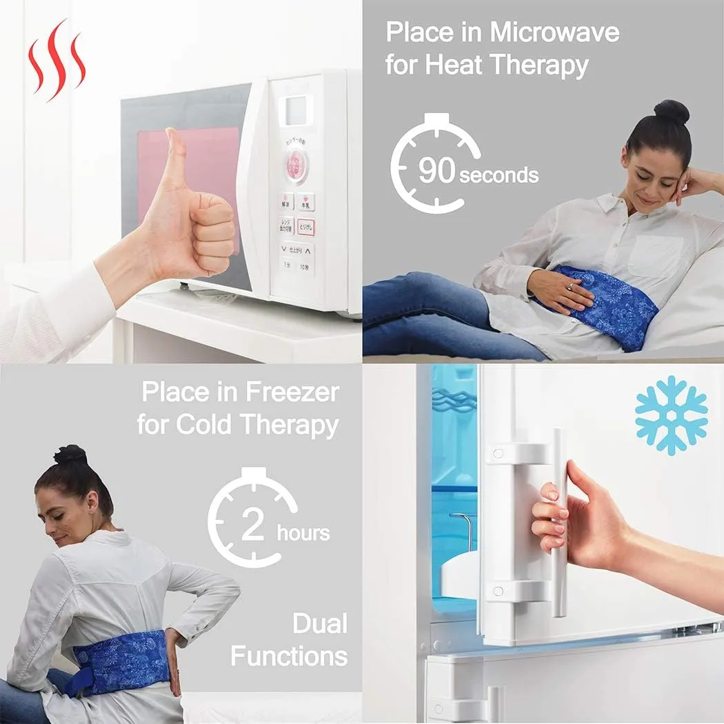 Hot Pockets Microwaveable Hot & Cold Heating Pad for Lower Back & Andomen – Natural Rice Pack with Strap Handle, Reusable & Washable for Comfort & Relaxation - Blue Flowers
