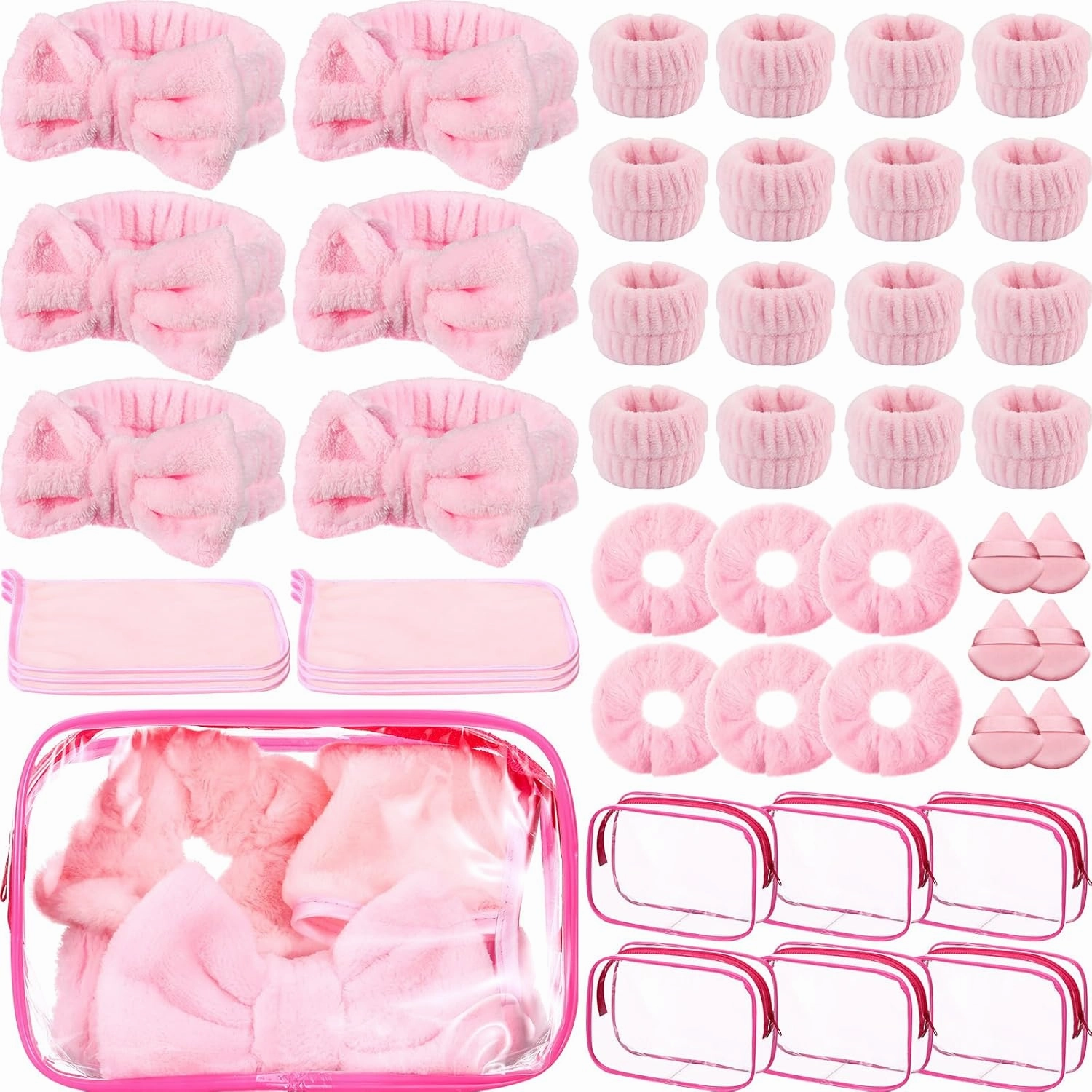 Hoteam 36 Pieces Spa Sleepover Party Supplies for Girls Makeup Party Supplies 6 Spa Headband 6 Wristband 6 Velvet Scrunchies 6 Makeup Remover Cloth 6 Powder Puffs 6 Clear Cosmetic Bags for Skincare