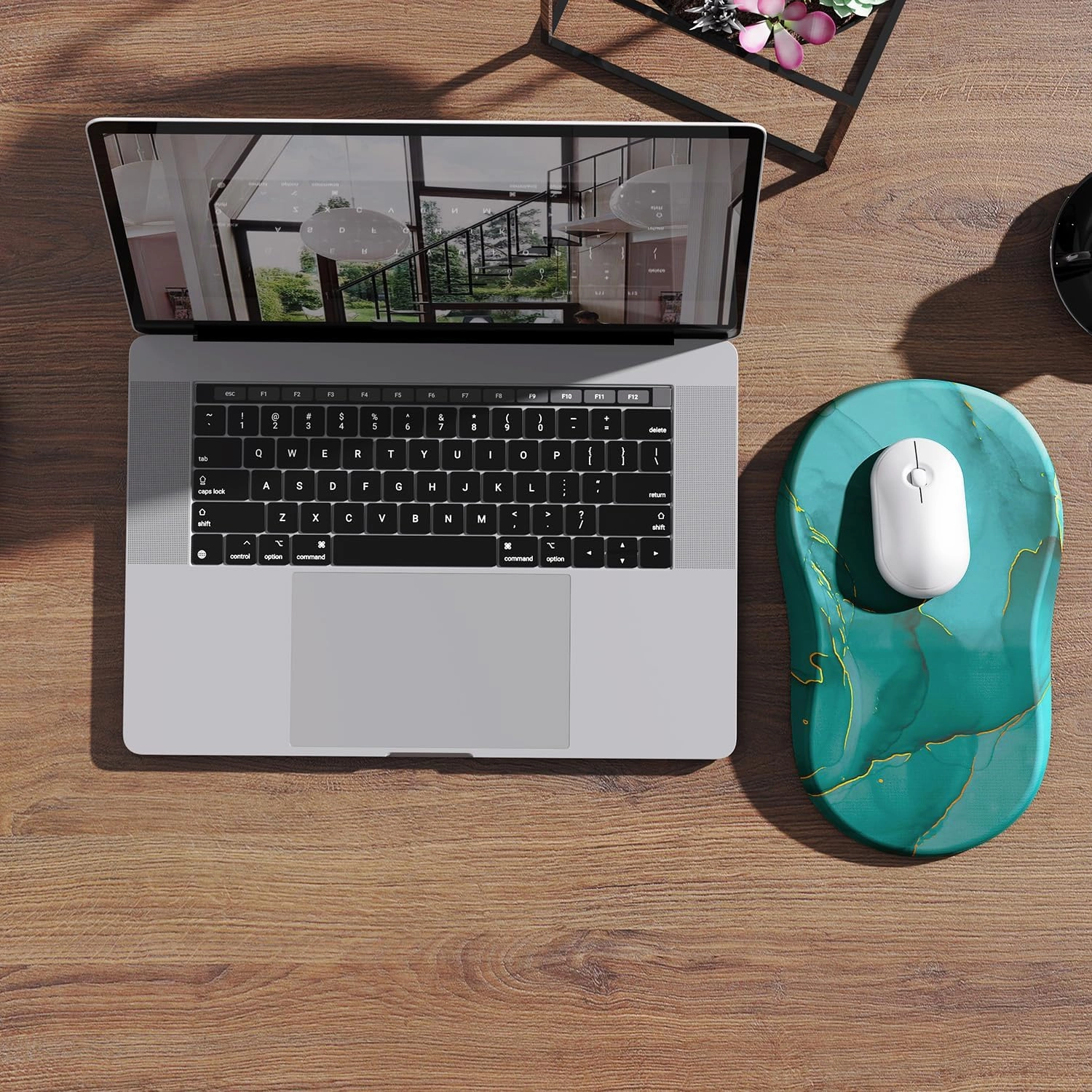 hueilm Ergonomic Mouse Pad Wrist Support,Pain Relief Mouse Pads with Wrist Rest,Entire Memory Foam Mouse Pad with Non-Slip PU Base,Comfortable Mousepad Perfect for Office & Home(Green Marble)