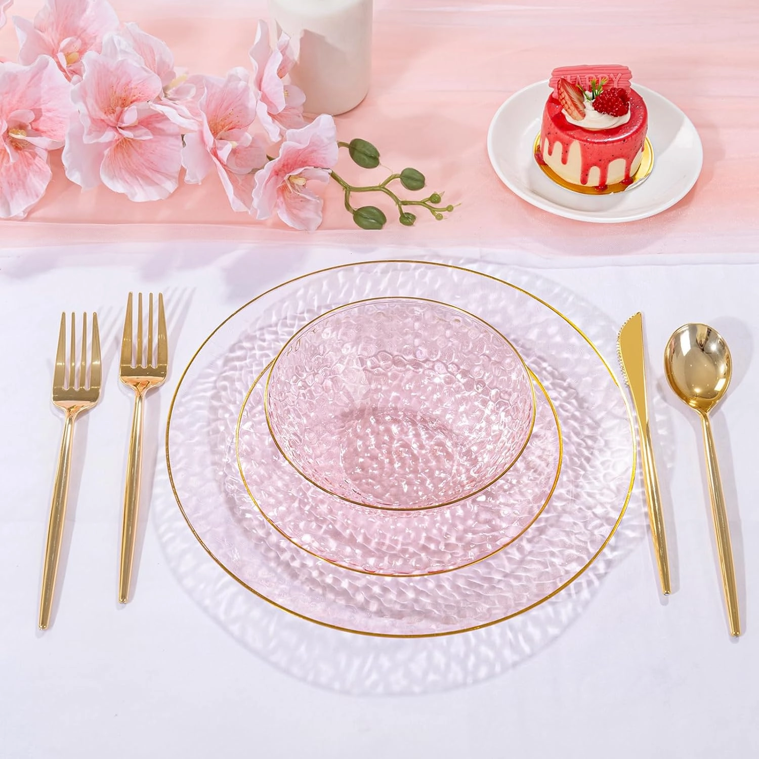 I00000 30 Pack 12-16 Ounce Pink Plastic Bowls Hammered Gold Rimmed Crystal Like, Heavy duty Disposable Bowl Set,Elegant Soup/Salad/Dessert/Ice Cream Bowls For Party, Weddings, Catering