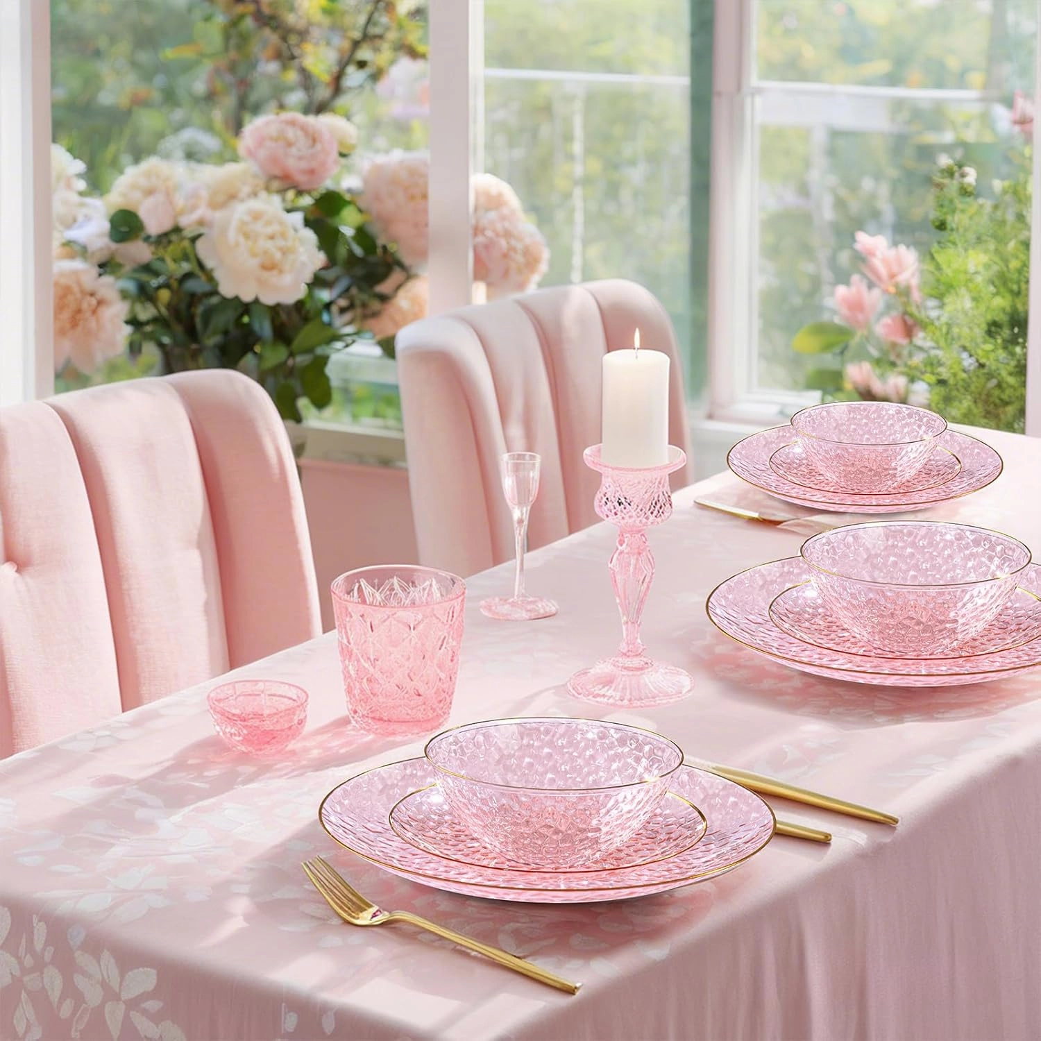 I00000 30 Pack 12-16 Ounce Pink Plastic Bowls Hammered Gold Rimmed Crystal Like, Heavy duty Disposable Bowl Set,Elegant Soup/Salad/Dessert/Ice Cream Bowls For Party, Weddings, Catering