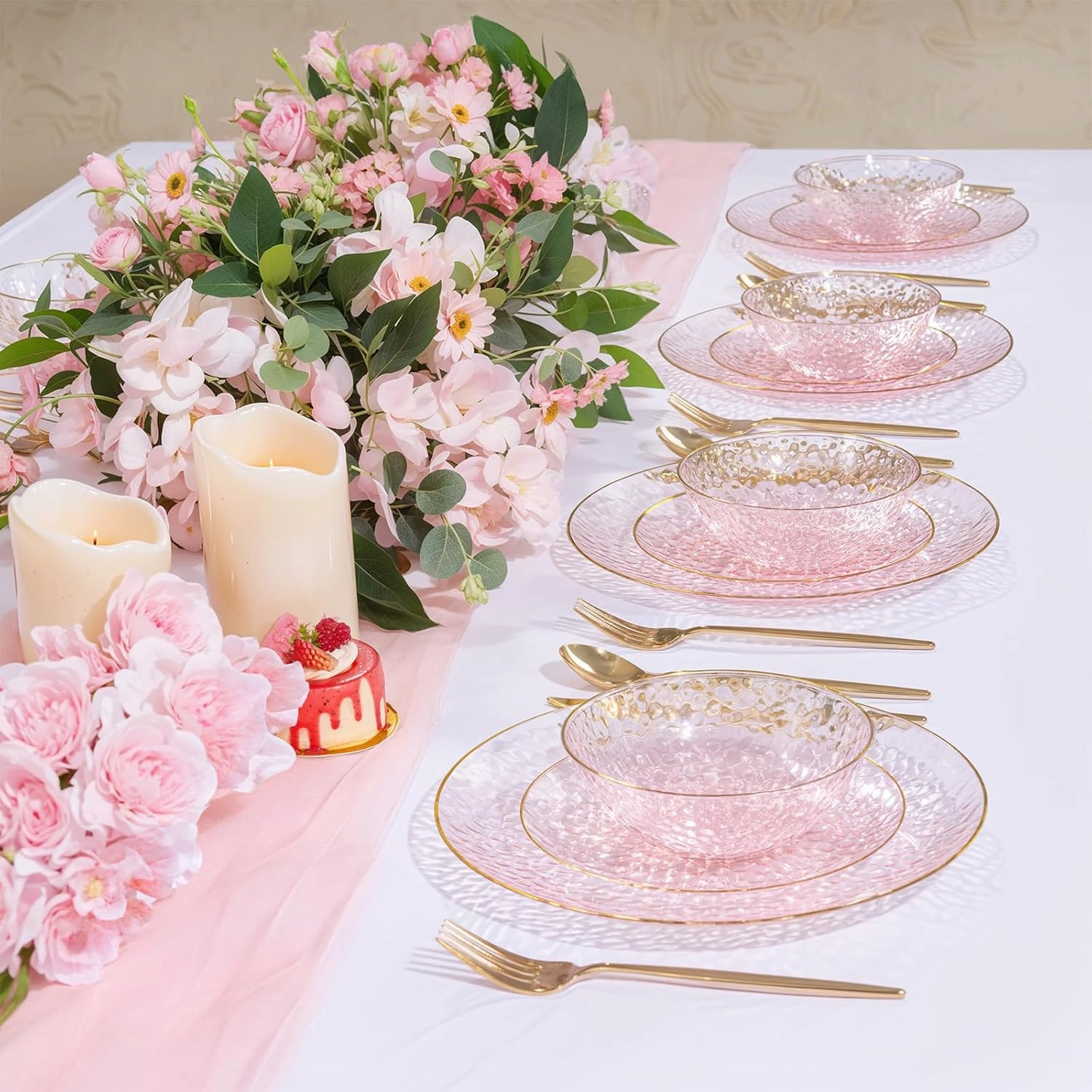 I00000 30 Pack 12-16 Ounce Pink Plastic Bowls Hammered Gold Rimmed Crystal Like, Heavy duty Disposable Bowl Set,Elegant Soup/Salad/Dessert/Ice Cream Bowls For Party, Weddings, Catering