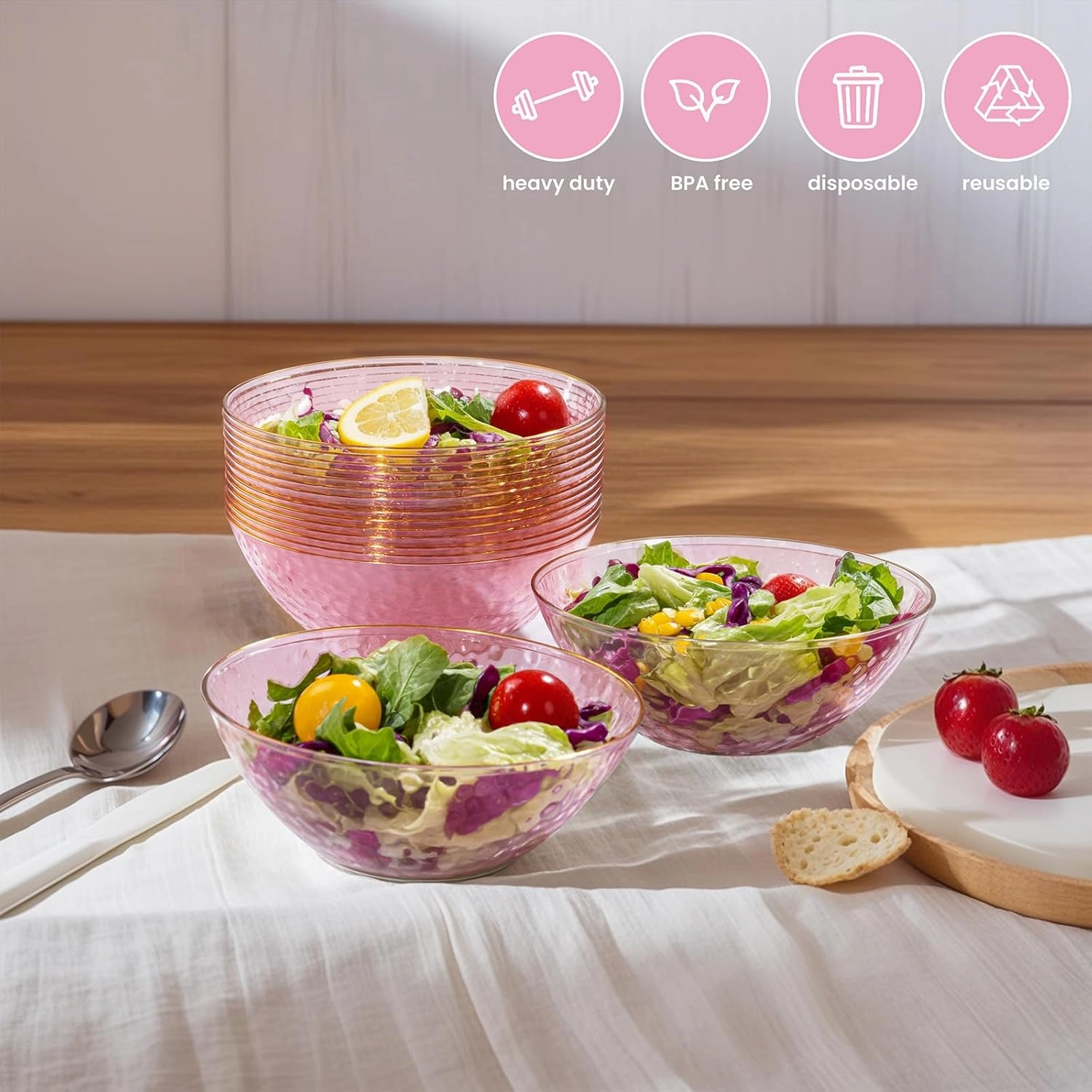 I00000 30 Pack 12-16 Ounce Pink Plastic Bowls Hammered Gold Rimmed Crystal Like, Heavy duty Disposable Bowl Set,Elegant Soup/Salad/Dessert/Ice Cream Bowls For Party, Weddings, Catering