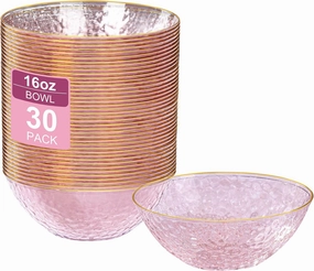 I00000 30 Pack 12-16 Ounce Pink Plastic Bowls Hammered Gold Rimmed Crystal Like, Heavy duty Disposable Bowl Set,Elegant Soup/Salad/Dessert/Ice Cream Bowls For Party, Weddings, Catering