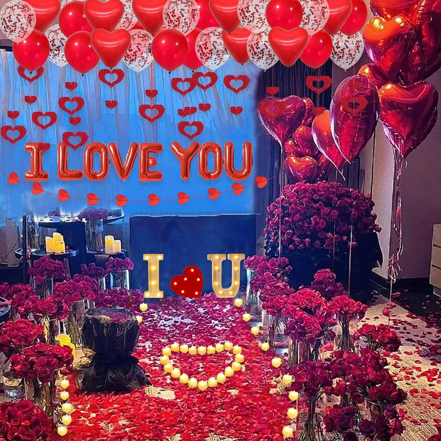 I LOVE YOU Light Up Letter Sign Decor 2 Set Red I LOVE YOU Balloons - 3100pcs Red Artificial Rose Petals 48pcs Flameless LED Candle Tealight Heart Foil Latex balloons Hanging Swirls Valentine's Day