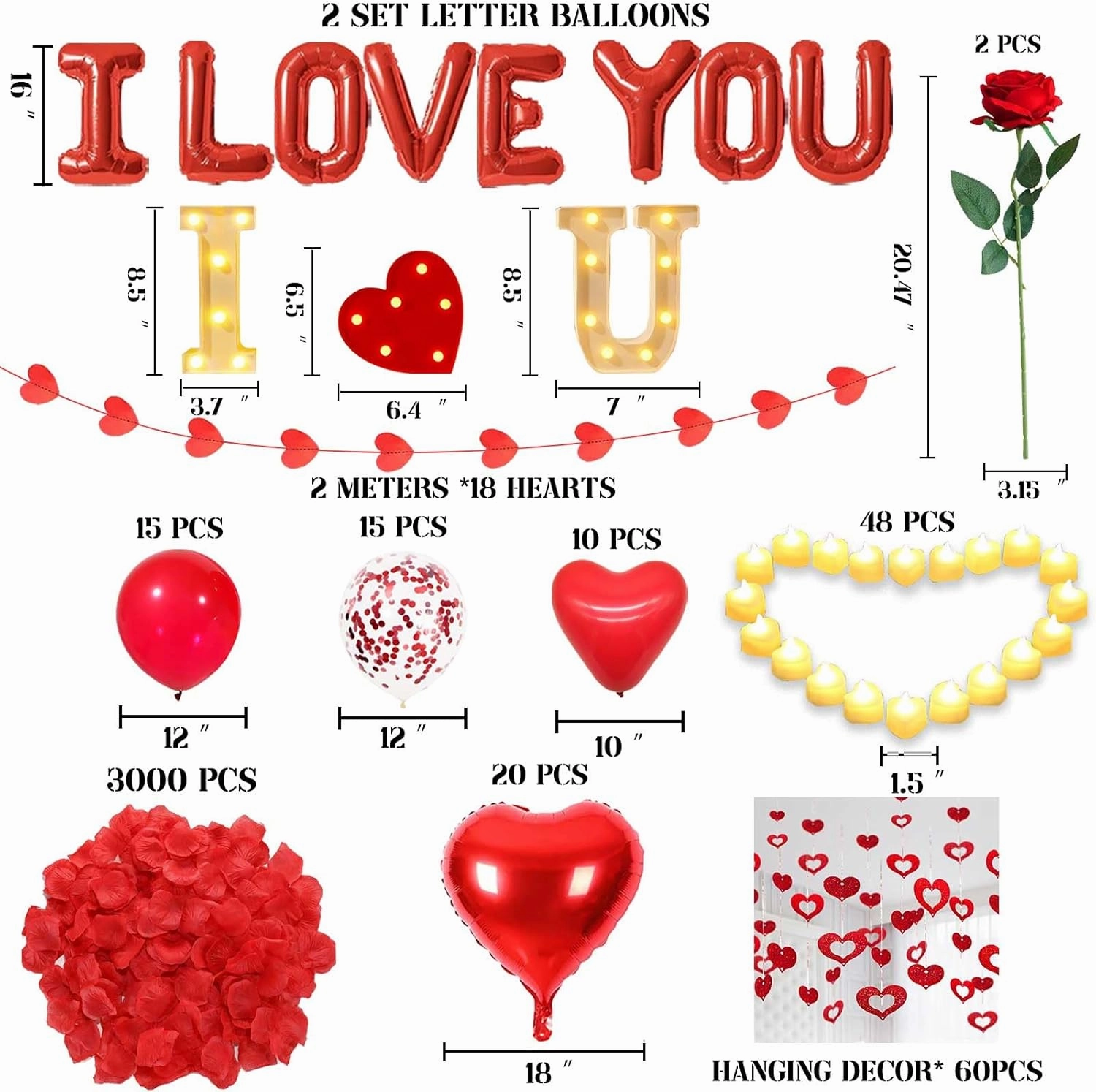 I LOVE YOU Light Up Letter Sign Decor 2 Set Red I LOVE YOU Balloons - 3100pcs Red Artificial Rose Petals 48pcs Flameless LED Candle Tealight Heart Foil Latex balloons Hanging Swirls Valentine's Day