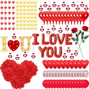 I LOVE YOU Light Up Letter Sign Decor 2 Set Red I LOVE YOU Balloons - 3100pcs Red Artificial Rose Petals 48pcs Flameless LED Candle Tealight Heart Foil Latex balloons Hanging Swirls Valentine's Day