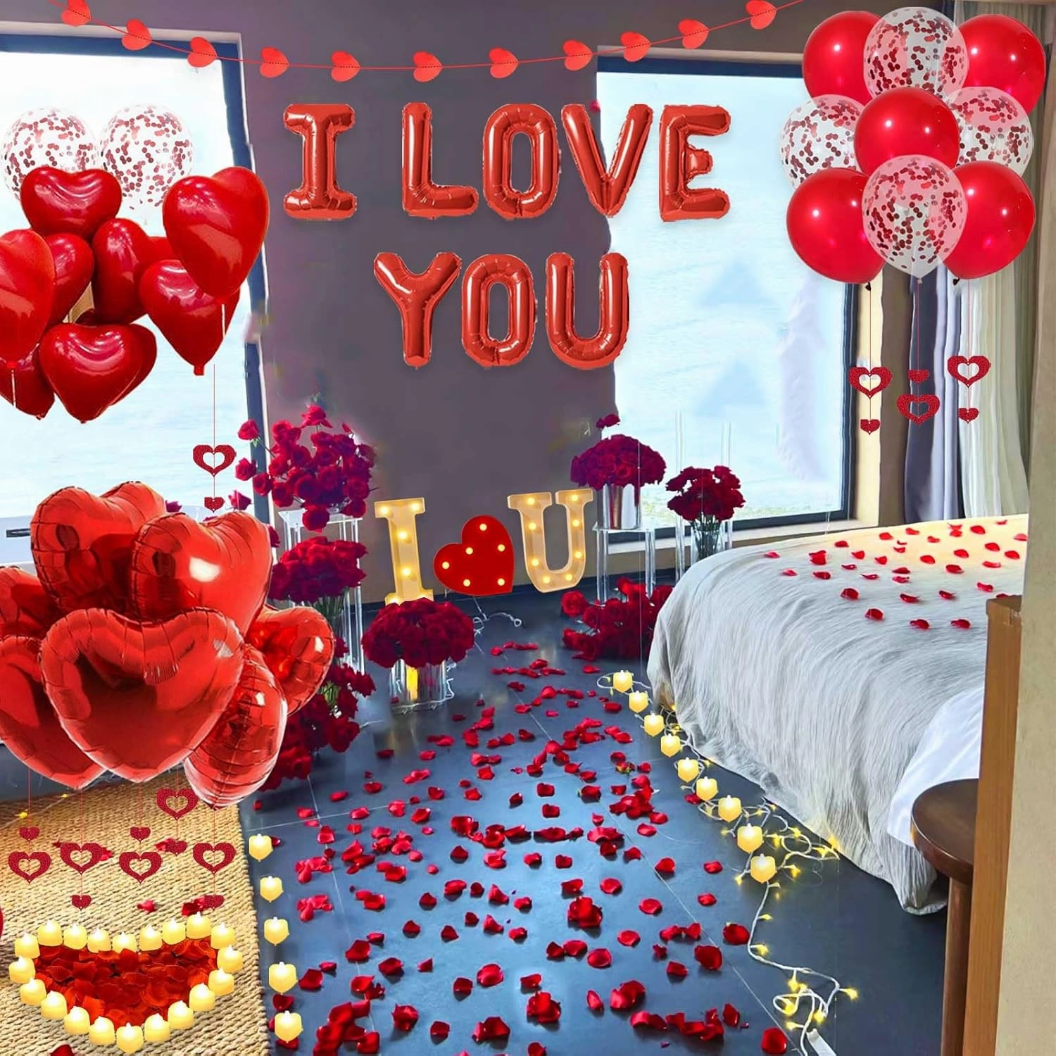 I LOVE YOU Light Up Letter Sign Decor 2 Set Red I LOVE YOU Balloons - 3100pcs Red Artificial Rose Petals 48pcs Flameless LED Candle Tealight Heart Foil Latex balloons Hanging Swirls Valentine's Day