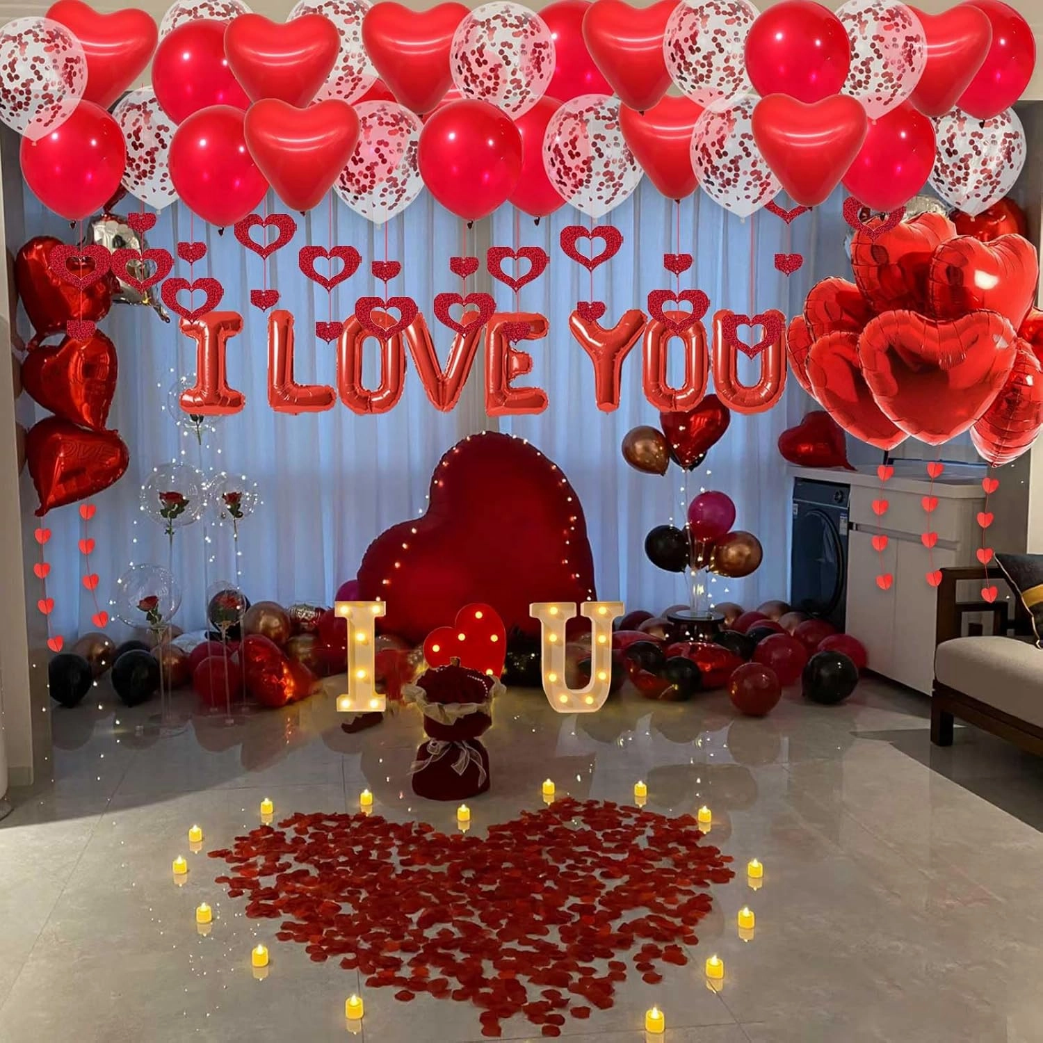 I LOVE YOU Light Up Letter Sign Decor 2 Set Red I LOVE YOU Balloons - 3100pcs Red Artificial Rose Petals 48pcs Flameless LED Candle Tealight Heart Foil Latex balloons Hanging Swirls Valentine's Day
