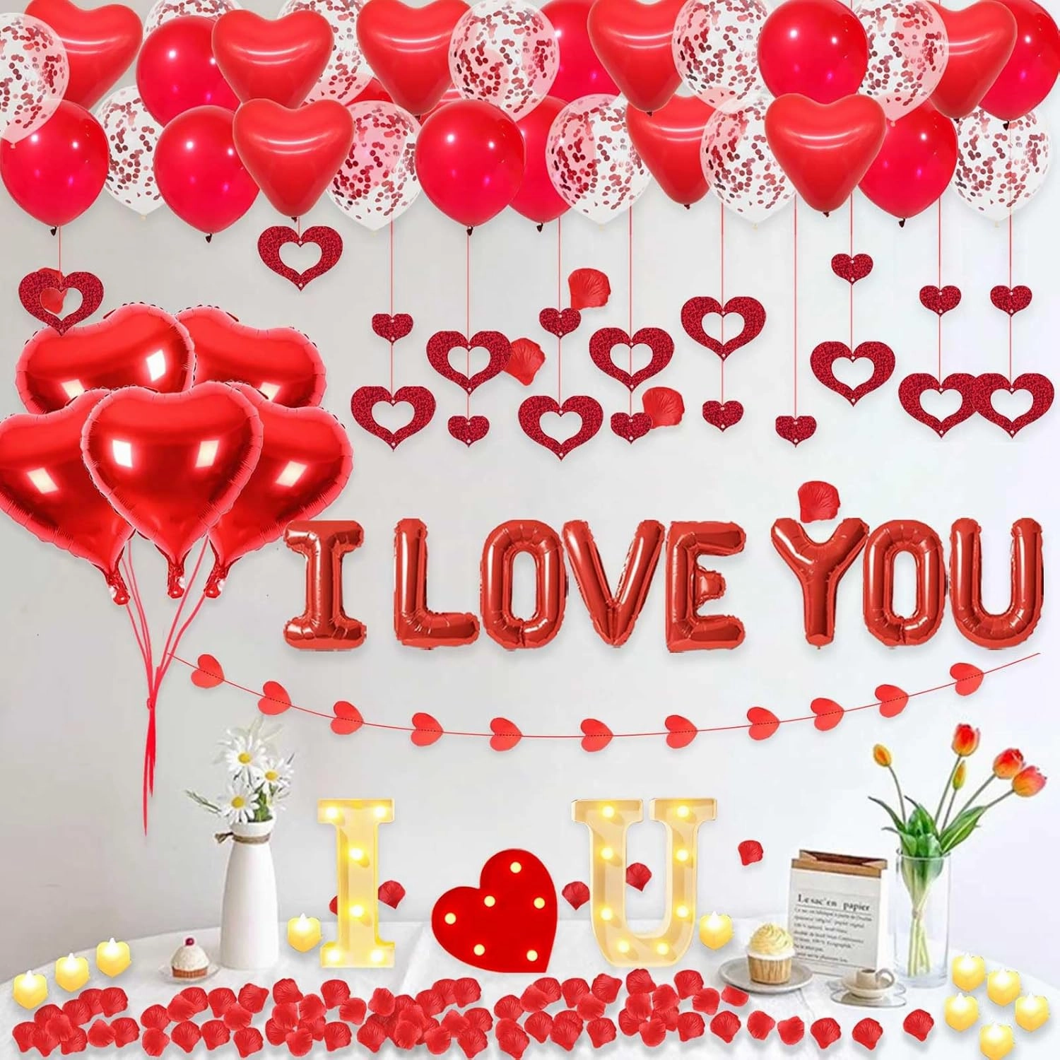 I LOVE YOU Light Up Letter Sign Decor 2 Set Red I LOVE YOU Balloons - 3100pcs Red Artificial Rose Petals 48pcs Flameless LED Candle Tealight Heart Foil Latex balloons Hanging Swirls Valentine's Day