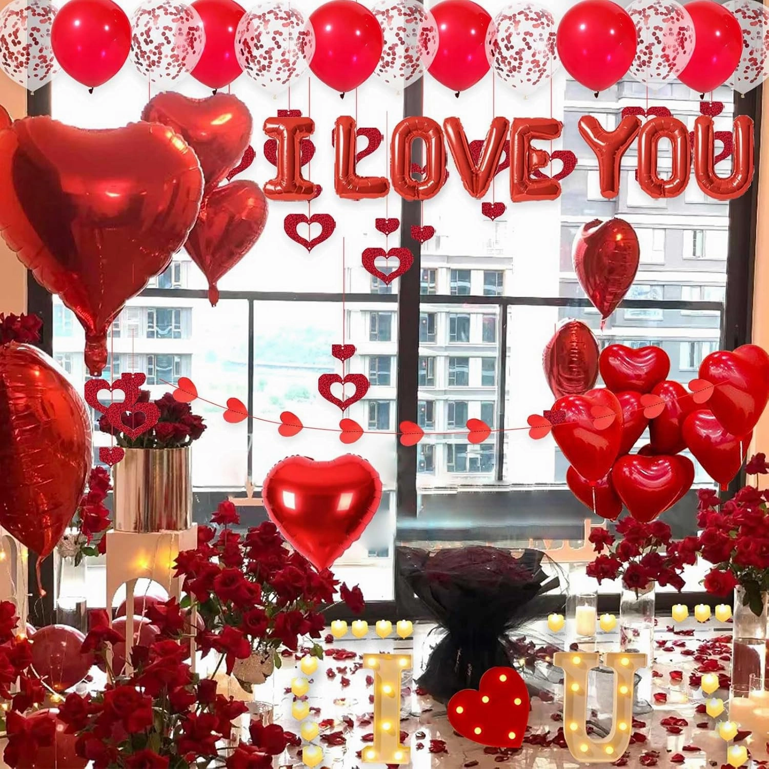 I LOVE YOU Light Up Letter Sign Decor 2 Set Red I LOVE YOU Balloons - 3100pcs Red Artificial Rose Petals 48pcs Flameless LED Candle Tealight Heart Foil Latex balloons Hanging Swirls Valentine's Day