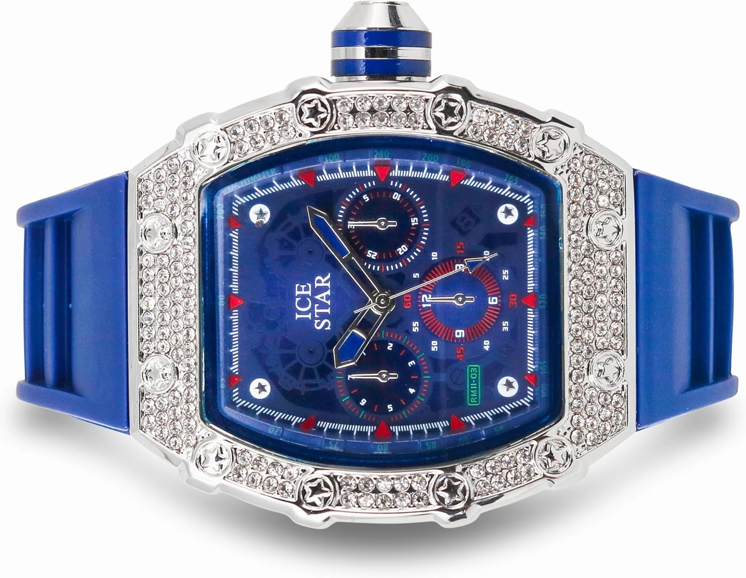 ICE STAR Men's 45mm Iced Out Tonneau Shape Watch, Silicone Band