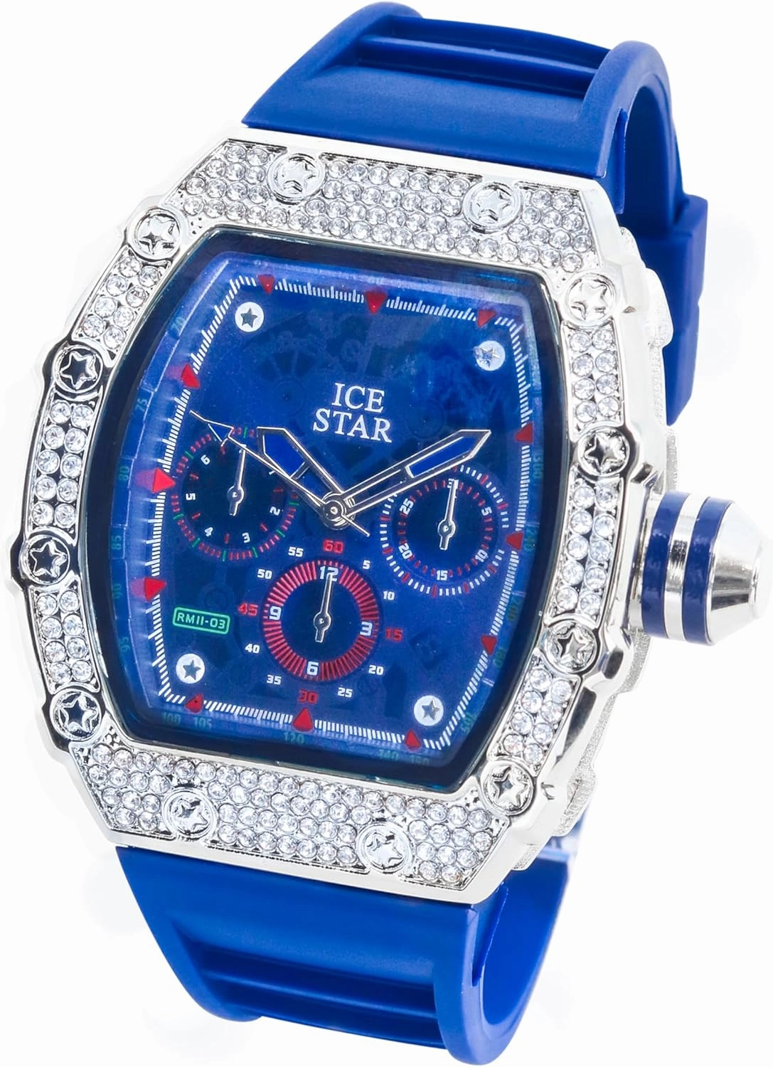 ICE STAR Men's 45mm Iced Out Tonneau Shape Watch, Silicone Band